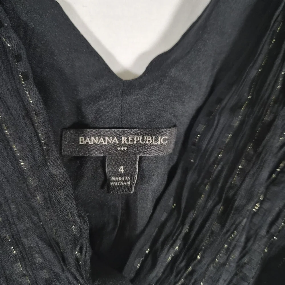 Banana Republic Black Metallic Stripe Wrap Blouse Women's Size 4 Puff Sleeve